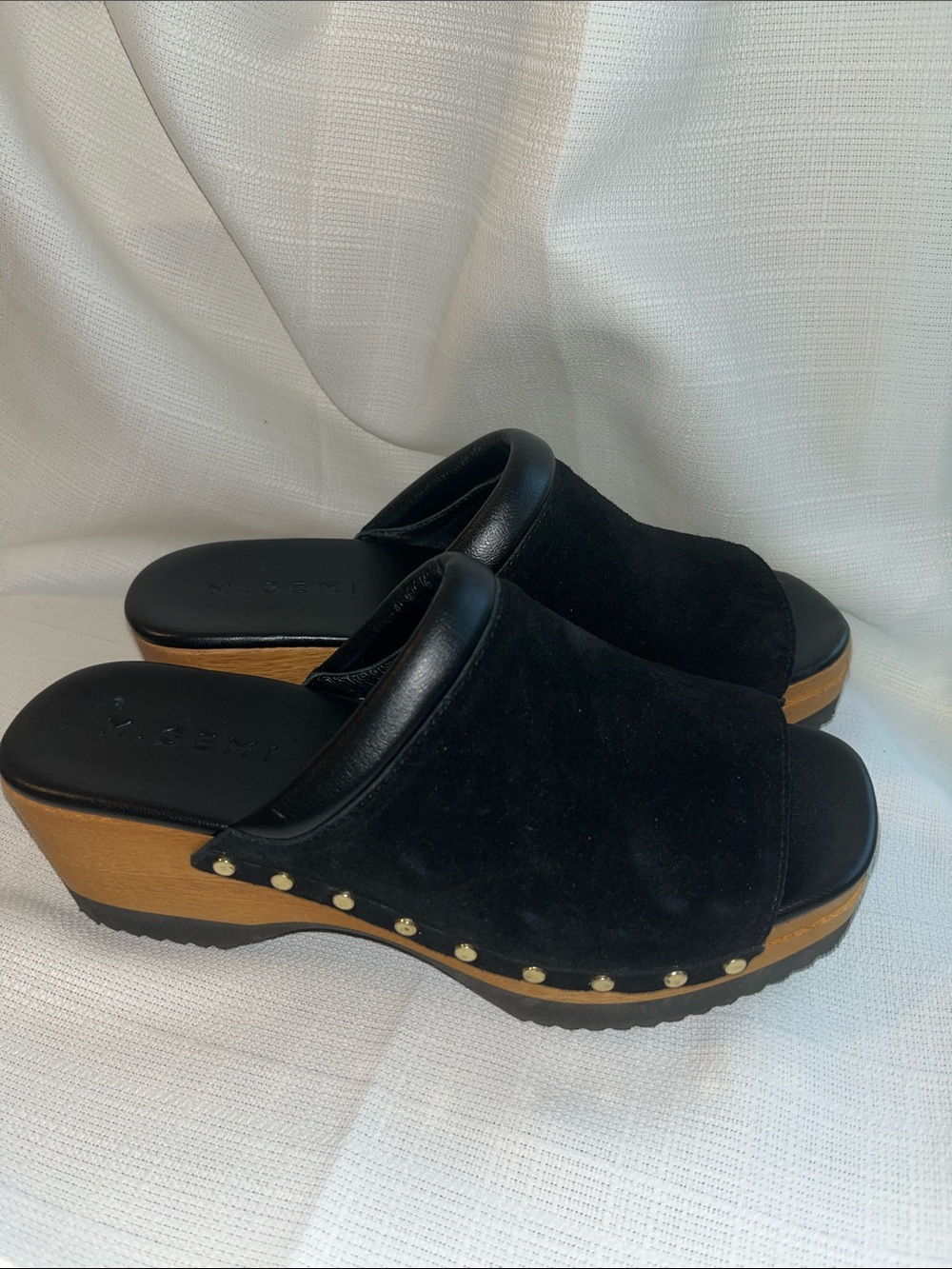 M. Gemi Black Suede Studded Wood-Platform Mule
